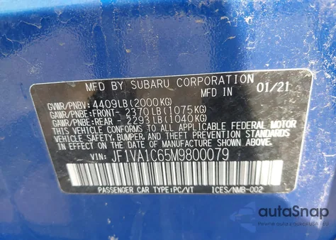 2021 Subaru Wrx Premium z USA, uszkodzony, nr VIN JF1VA1C65M9800079